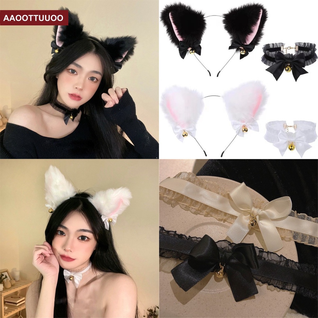 Vòng Cổ Choker Vải Ren Màu Đen Đính Nơ Tai Mèo Phong Cách Cổ Điển