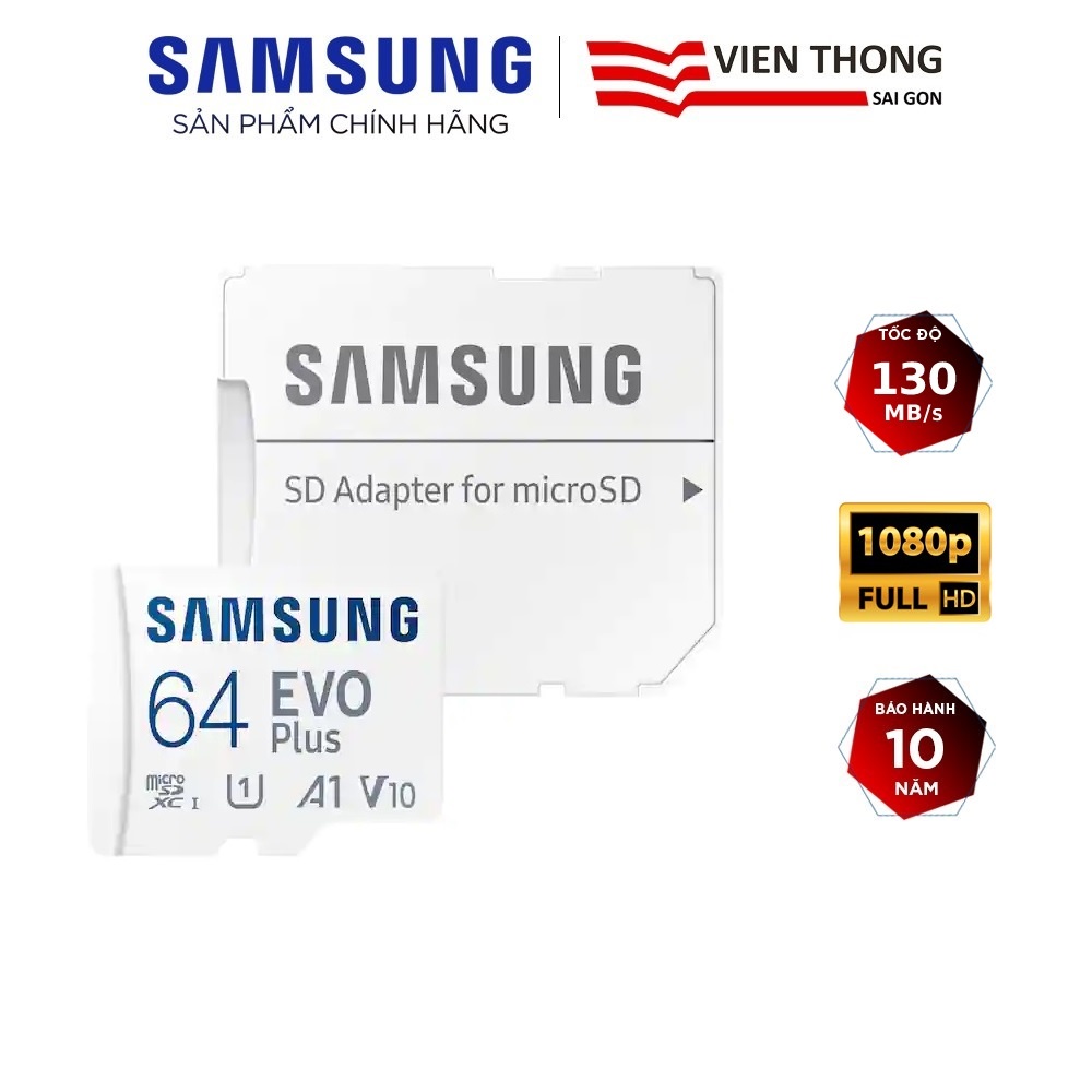 Thẻ nhớ microSDXC Samsung Evo Plus 64GB upto 130MB/s C10 U1 kèm Adapter (MB-MC64KA) - Bảo hành 5 năm