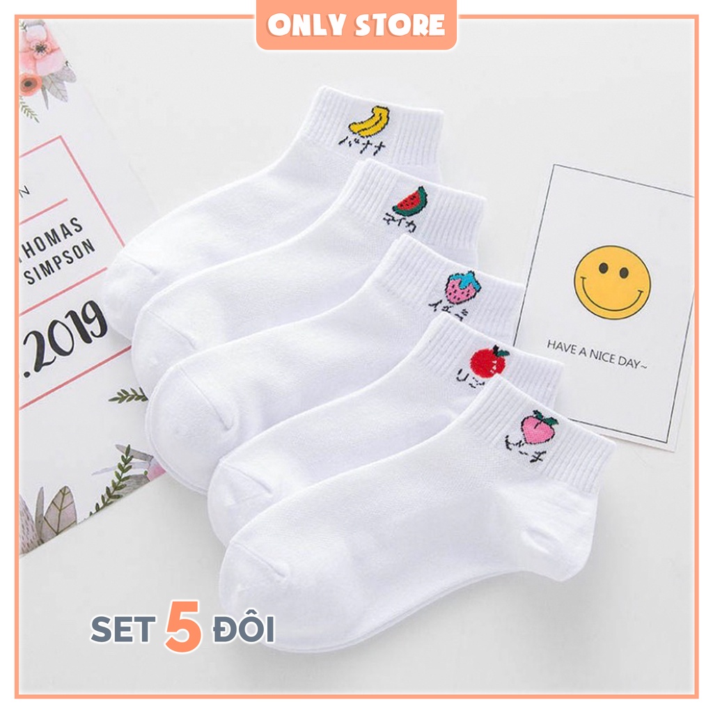 Tất vớ cổ ngắn nữ màu trắng họa tiết trái cây dễ thương thời trang Unisex Hàn Quốc - Only Store