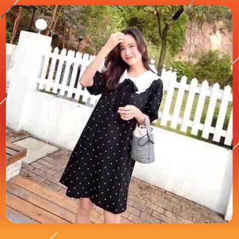 Đầm bầu ngắn tay chấm bi cổ bèo trắng M033 chất chéo thái thời trang thiết kế freesize