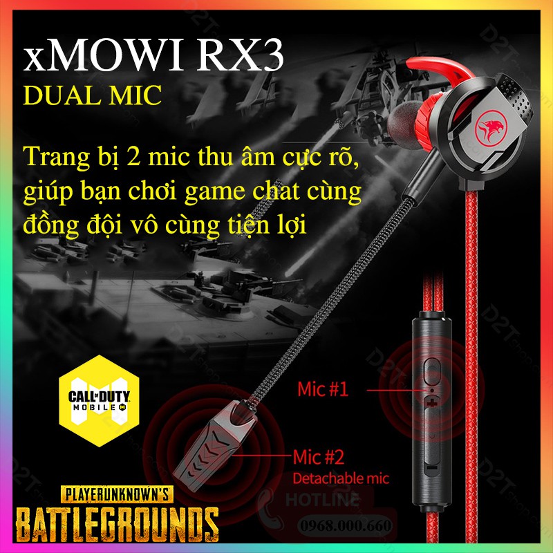 Tai nghe gaming XMOWI RX3 , 2 mic đàm thoại, khử ồn game chơi cực tốt game PUBG, COD, FREE FIRE