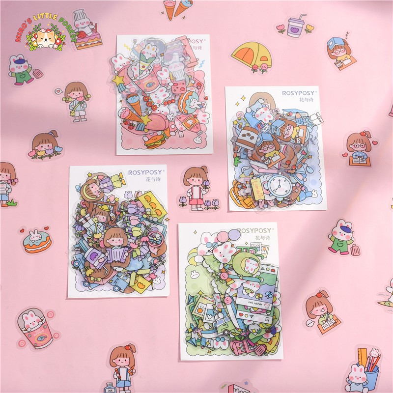 Sticker nền trong cute Rosy Posy nhãn dán thỏ bé gái xinh xắn | MST393