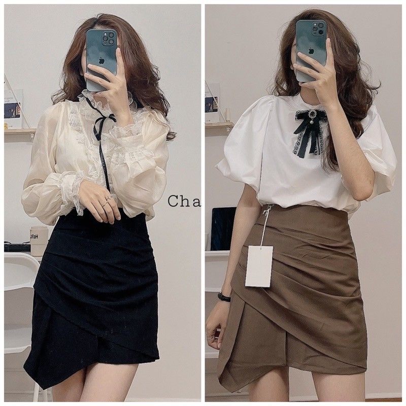 Chân váy xếp ly ngắn vạt chéo phong cách hàn quôc