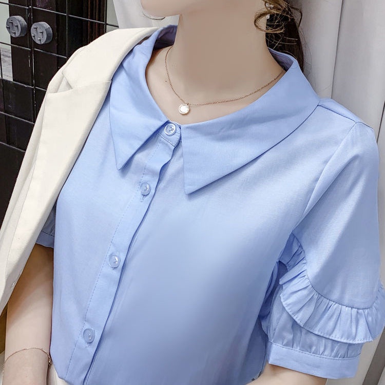Áo Sơ Mi Voan Tay Ngắn Cổ Bẻ Phối Bèo Màu Xanh Dương Thời Trang Mùa Hè Cho Nữ 0K6I