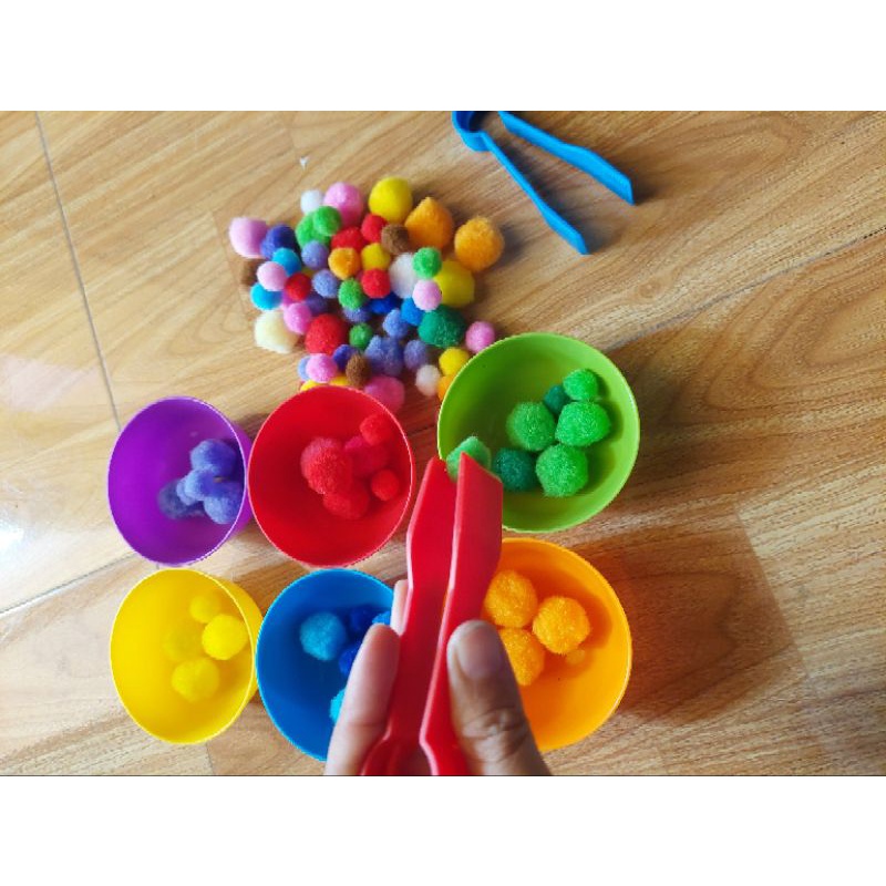 Combo sét bát màu và túi 100 hạt pompom đủ cỡ