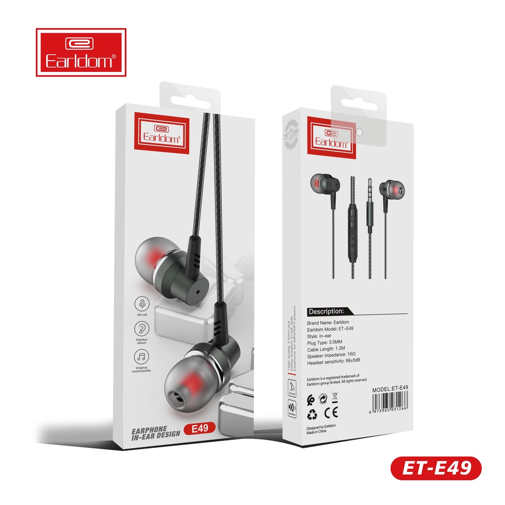 Tai nghe có dây nhét tai Earldom E49 jack 3.5 có mic đàm thoại sử dụng cho điện thoại laptop máy nghe nhạc