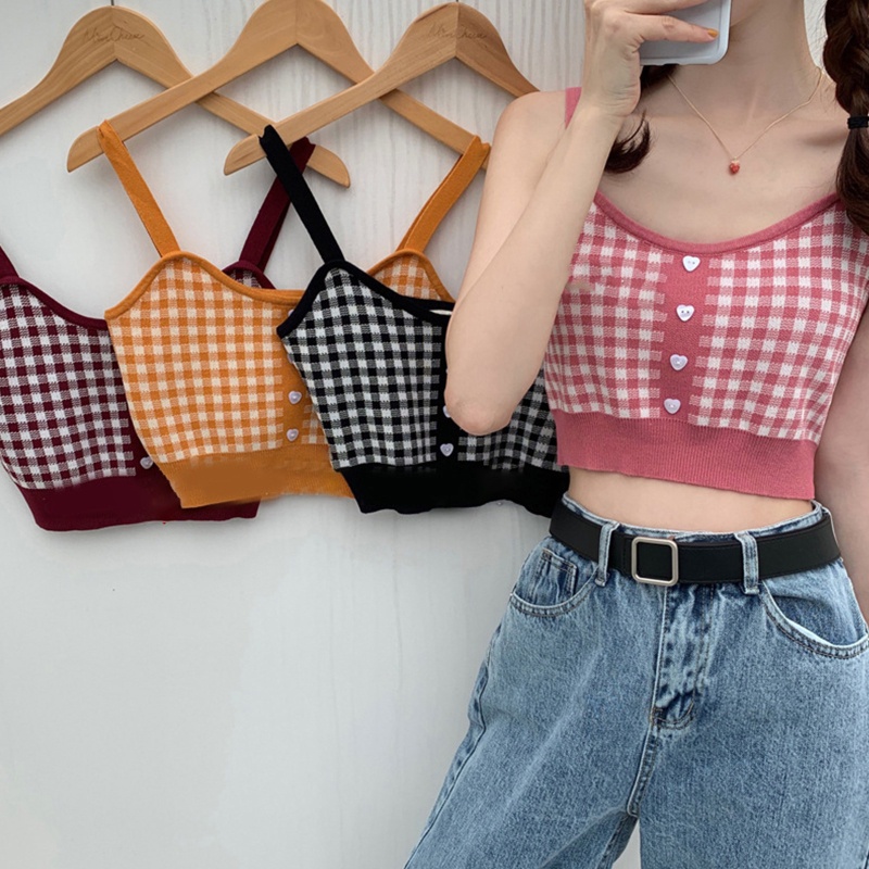 Áo Len Không Tay Họa Tiết Sọc Caro Màu Sắc Tương Phản Phong Cách Pháp Thời Trang Mùa Hè