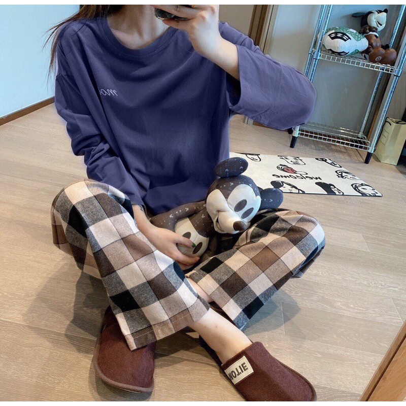 ẢNH THẬT 💎 Set bộ dài tay cotton nữ- bộ mặc nhà nữ áo trơn quần suông kẻ