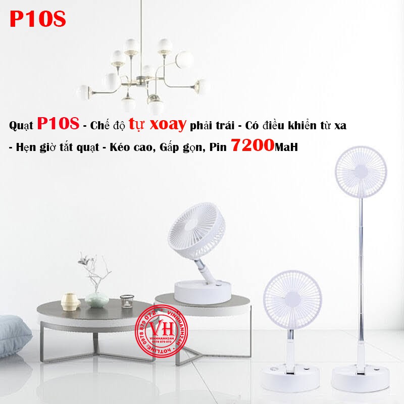 Quạt P10S - Chế độ tự xoay phải trái - Có điều khiển từ xa - Hẹn giờ tắt quạt - Kéo cao, Gấp gọn, Pin 7200MaH