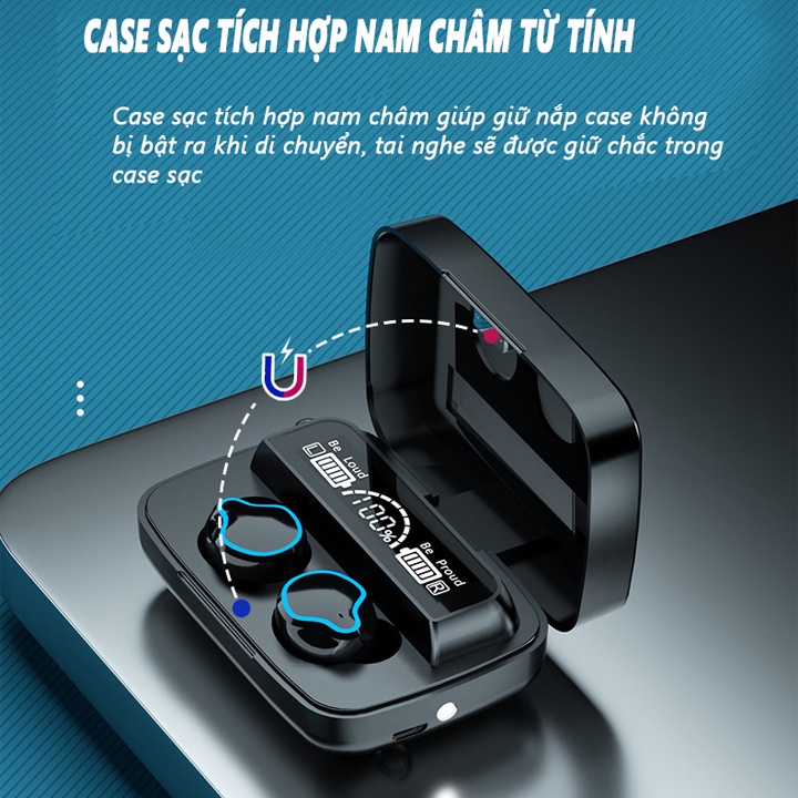 Tai nghe tws M9, bluetooth 5.0, âm thanh hifi, tai nghe kiêm sạc dự phòng, tích hợp đèn pin, có màn hình LED hiển thị