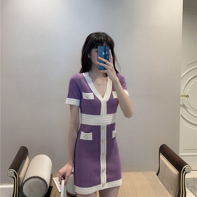 2022 summer dress new Xiaoxiangfeng knitted dress temperament fashion black elastic slim show thin hip skirt woman