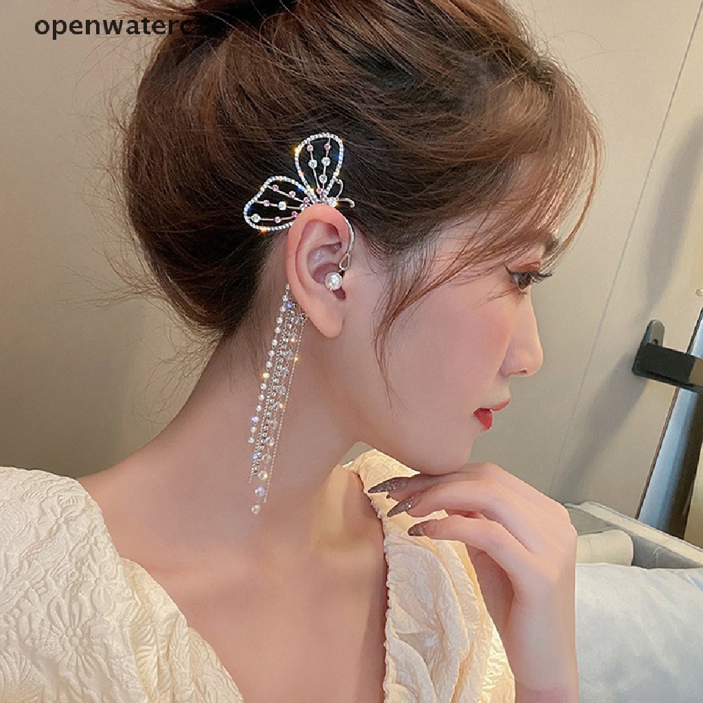 Bông Tai Dạng Kẹp Hình Bướm Đính Pha Lê &amp; Ngọc Trai Dài
