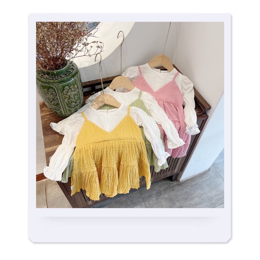 Váy thu dài tay giả yếm cho bé gái 1-5 tuổi