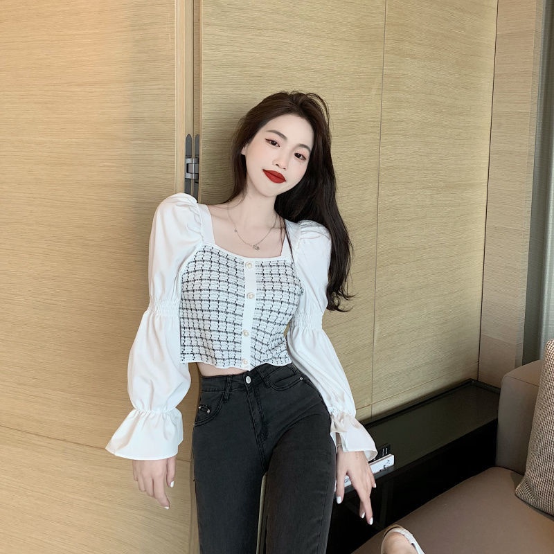 Áo len tay dài cổ vuông phong cách retro mới 2020