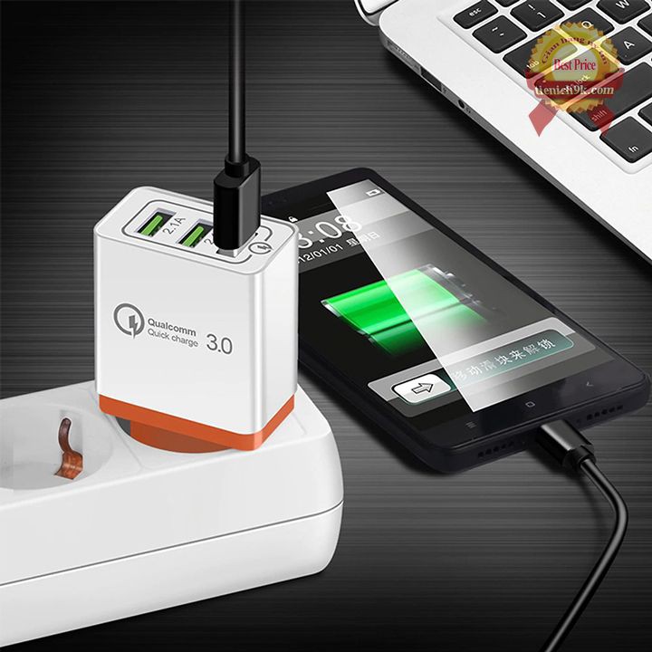 Củ Sạc Nhanh 3 Cổng Qualcom Quickcharge 3.0 kèm dây sạc chuyên dụng cho mọi thiết bị