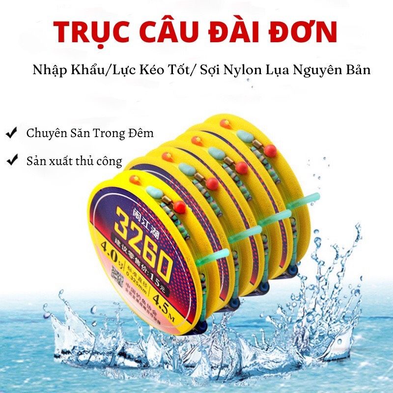 Dây trục câu đài 3260 cao cấp. có đầy đủ phụ kiện và kích thước. gồm chân cắm phao, khóa link, chì,..