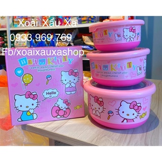 Bộ 3 thố inox hình mèo hello kitty- doraemon
