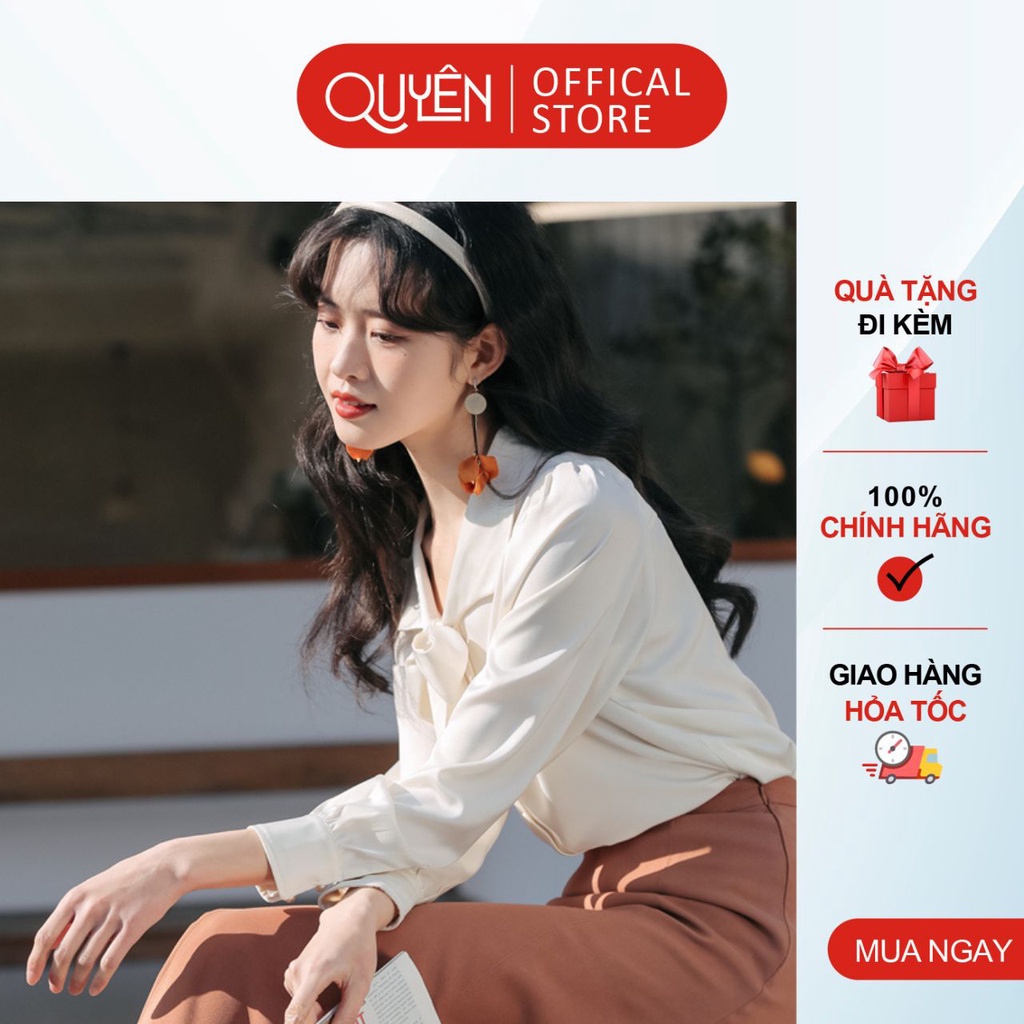 Áo cổ thắt nơ tay phồng màu trắng dài tay xinh xắn, thời trang công sở nữ AA581