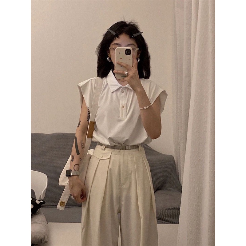 Áo Thun Sát Nách Cổ Polo Màu Sắc Đơn Giản Phong Cách retro Mỹ Cho Nữ