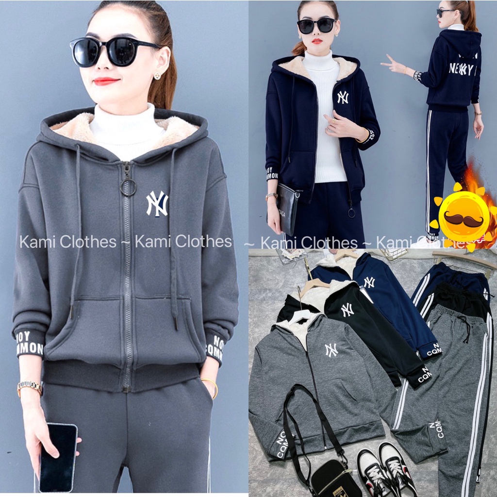 Set bộ thể thao nữ chất nỉ tàu lót lông, bộ nỉ nữ có mũ thu đông kiểu dáng thể thao cực ấm - KAMI Clothes