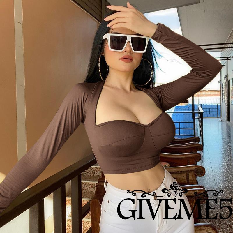 Áo Thun Crop Top GIVEME Tay Dài Cổ Chữ V Màu Trơn Thời Trang Hè Thu Cho Nữ