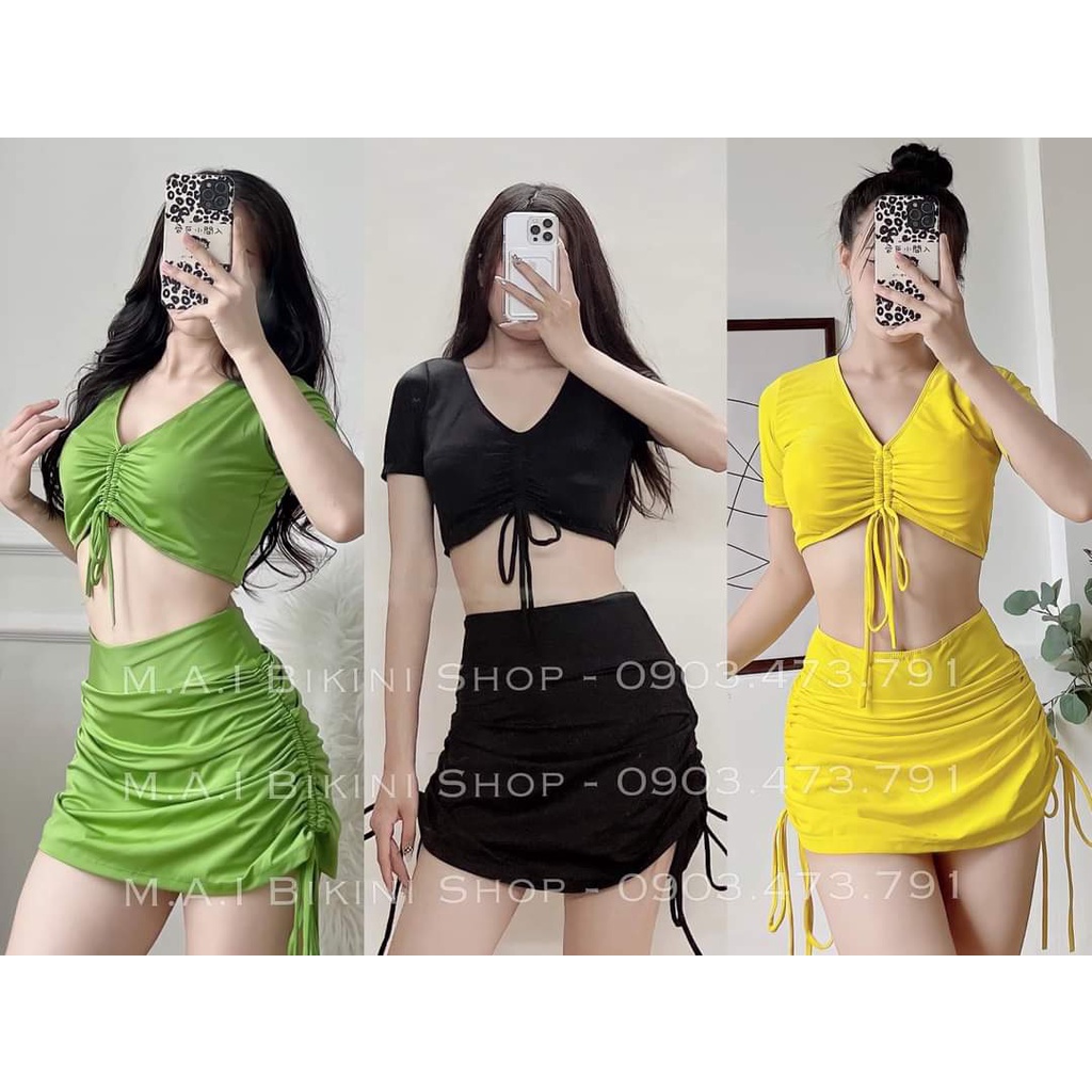 Bikini bộ đồ bơi nữ 2 mảnh áo crop ngắn tay, quần giả váy dây rút nhiều màu freesize Bin Sports BHV178