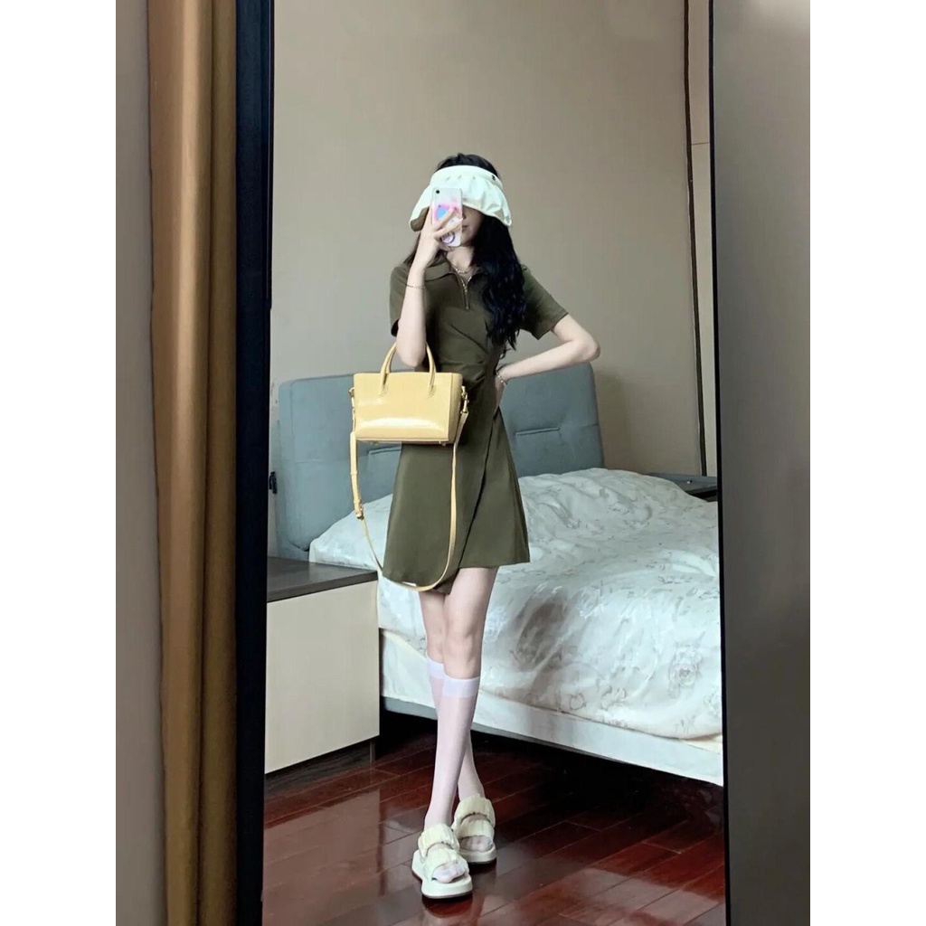 Váy đầm cổ POLO eo xinh đuôi xẻ tà hai màu lục đen phong cách Hàn Quốc MS816