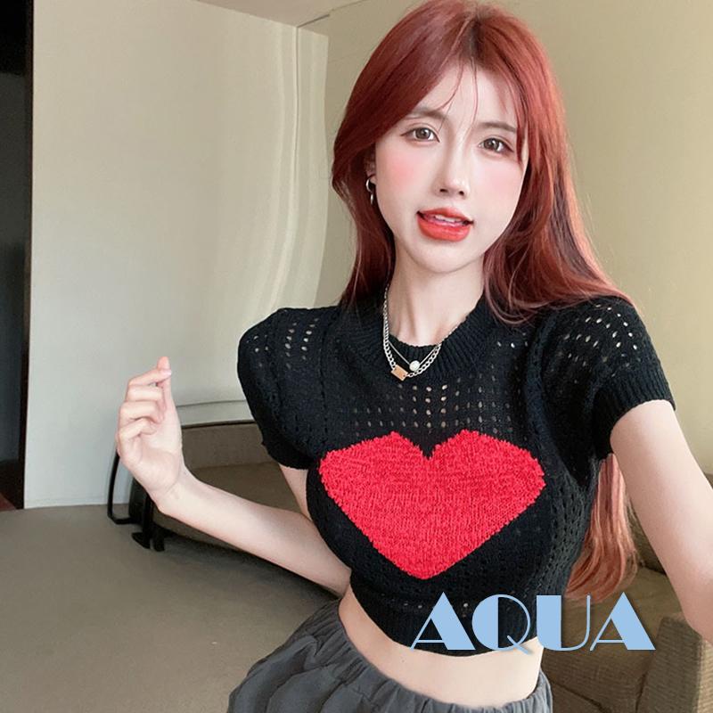 Áo Croptop Dệt Kim Tay Ngắn Cổ Tròn In Họa Tiết Trái Tim Khoét Rỗng Phong Cách Đường Phố Cho Nữ