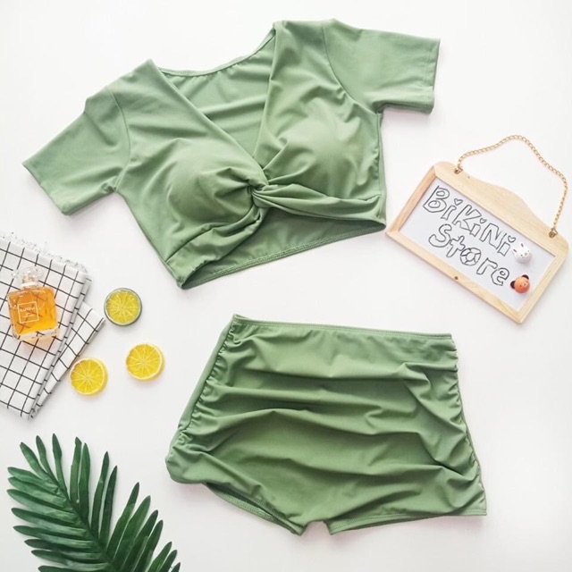 Bikini áo ngắn tay quần cạp cao