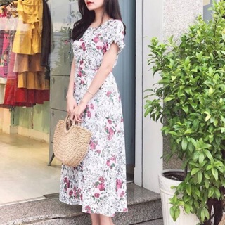 Đầm voan hoa thắt nơ dây