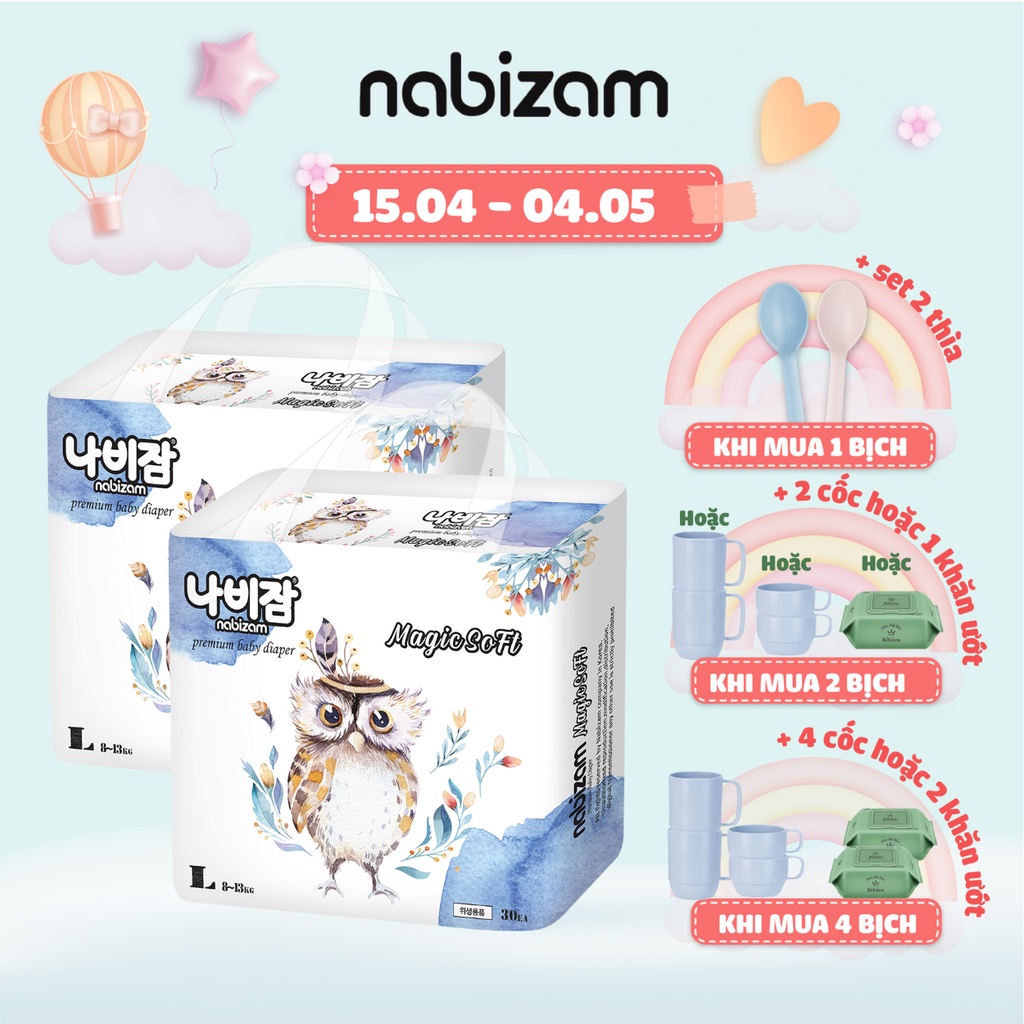 COMBO 2 Bịch Tã/Bỉm Quần NABIZAM Magic Soft Nội Địa Hàn Với Công Nghệ Thấm Hút Ngược Size L Cho Bé Từ 8-13kg, 30 Miếng