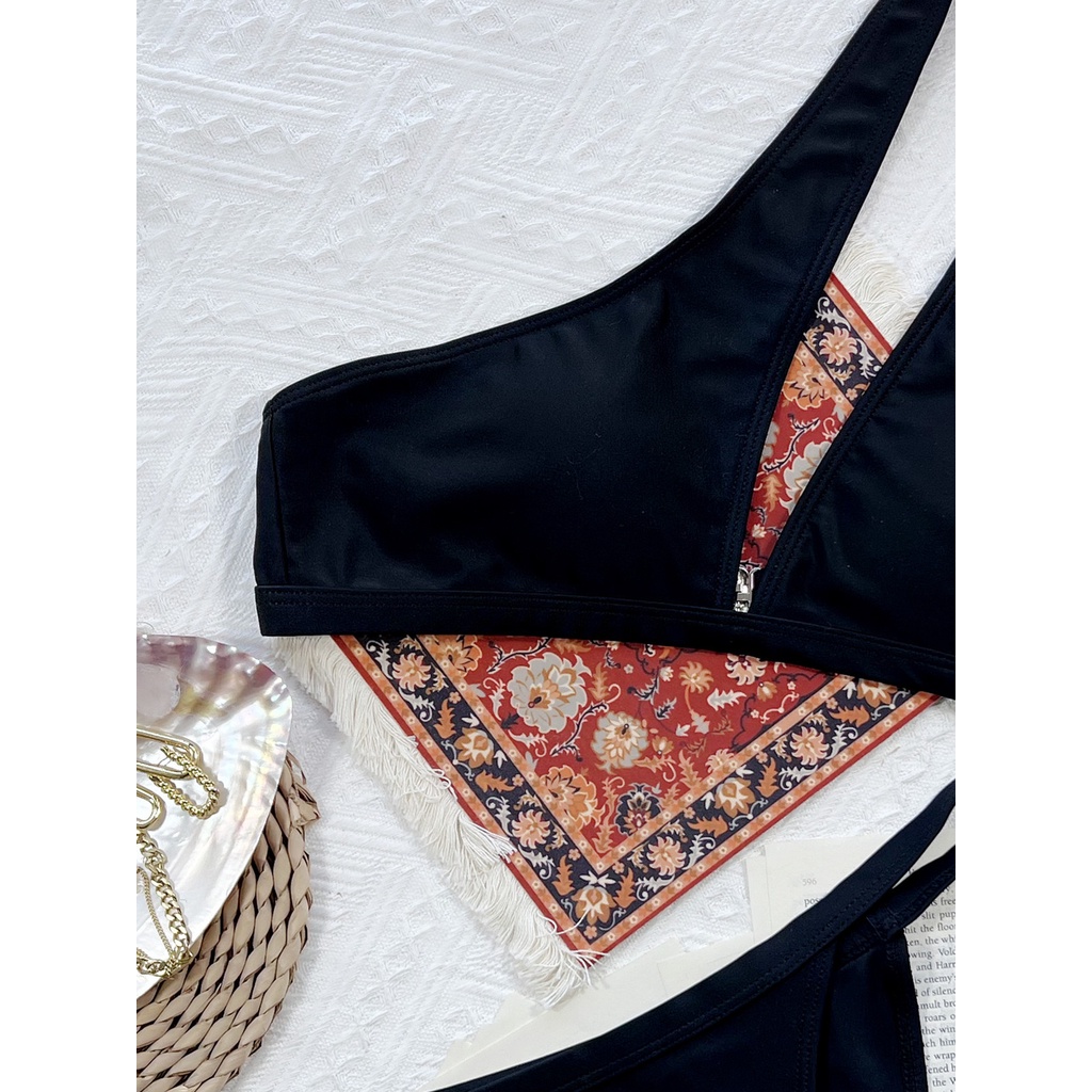 [BKN1600] &lt;ÂU&gt; SET BIKINI ĐEN LỆCH VAI MIX XÍCH