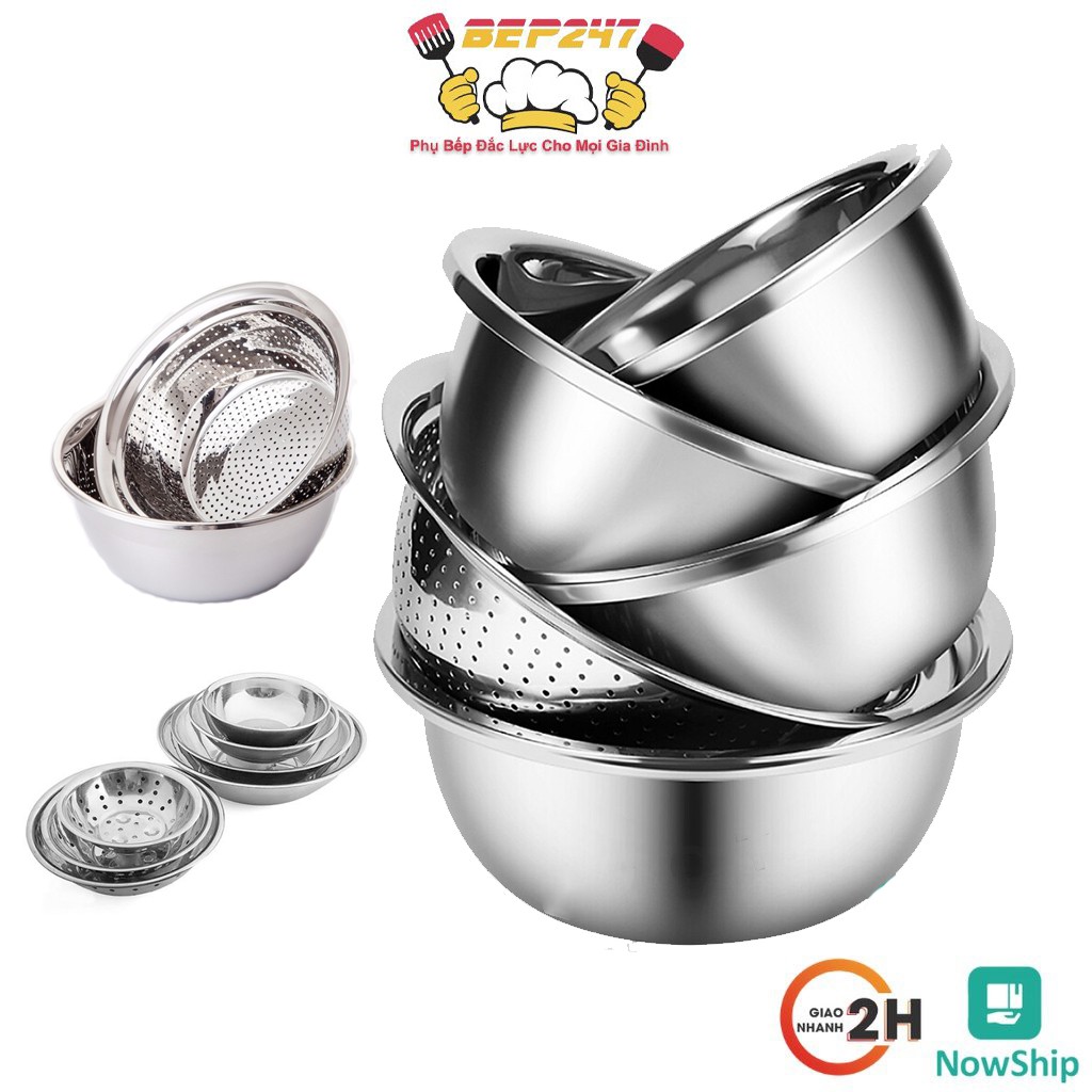 Set 5 Món Rổ Chậu Inox Cao Cấp, Sáng Bóng, Đáy Chậu Sâu - Thiết Kế Hình Tròn Với Vành Trên Chắc Chắn