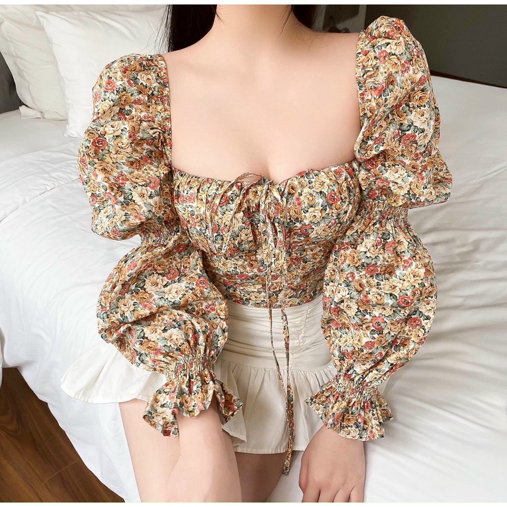 Áo hoa cổ vuông tay dài nhún KÈM ẢNH THẬT