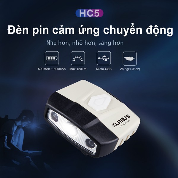 Đèn pin cài mũ cảm biến chuyển động KLARUS HC5  sáng 120 lumen chiếu 13.5h sạc USB Đèn &amp; Đèn pin