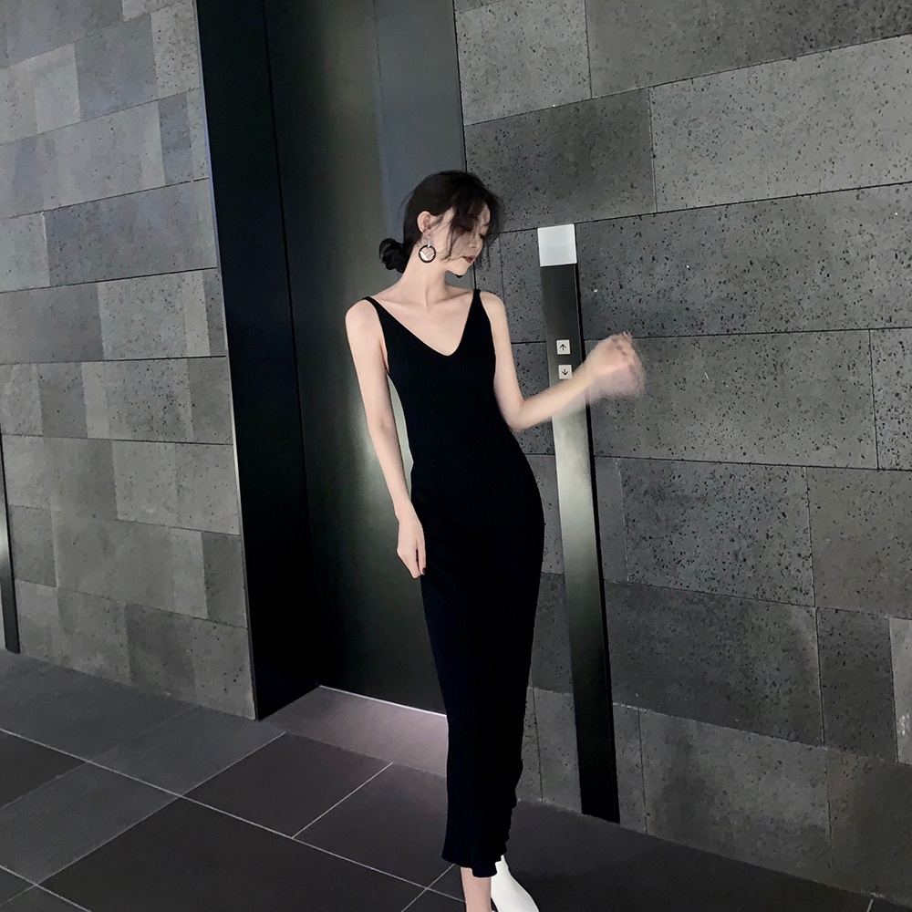 Đầm midi SUXI hai dây dệt kim cổ chữ V dáng ôm đơn giản quyến rũ thời trang mùa hè dành cho nữ