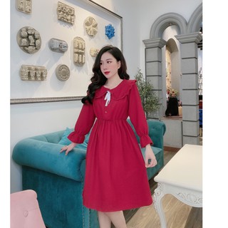 Váy suông dài tay cổ sen bo eo chất tăm nhung hàng đẹp