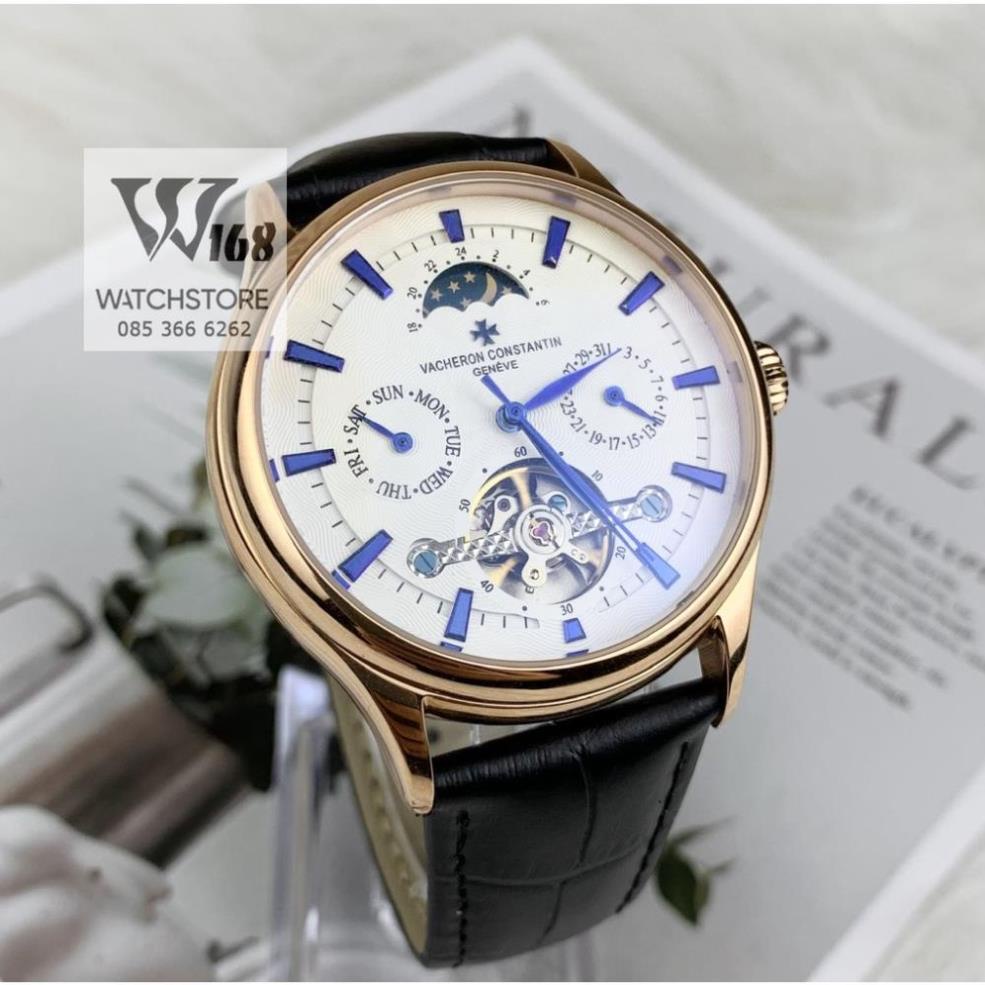 Đồng hồ Nam Vacheron máy nhật, mẫu kim xanh lộ cơ thanh ngang, mặt trắng viền vàng, dòng cơ Automatic size 40mm-41mm