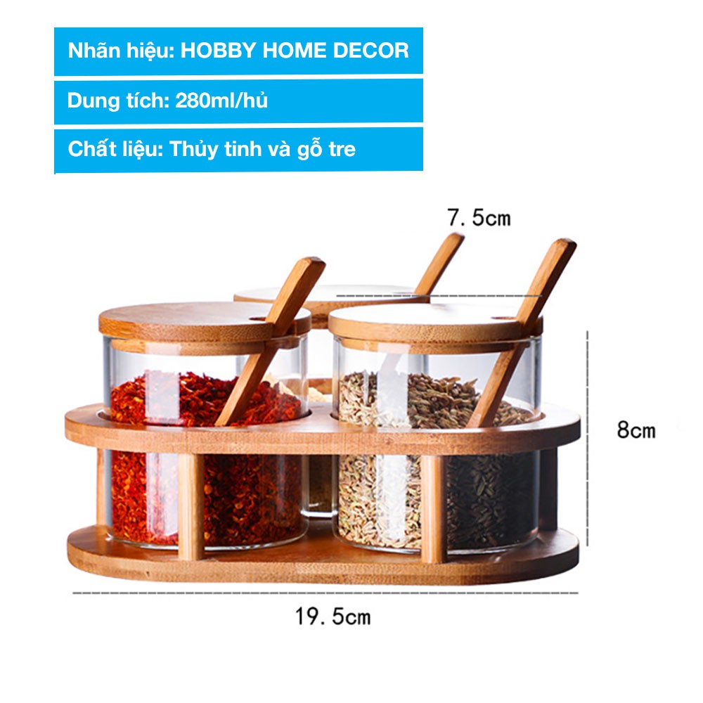 Bộ 3 hủ thủy tinh đựng gia vị khay gỗ HOBBY Home Decor HGVTG - gỗ tre có nắp và muỗng - mẫu tam giác | BigBuy360 - bigbuy360.vn