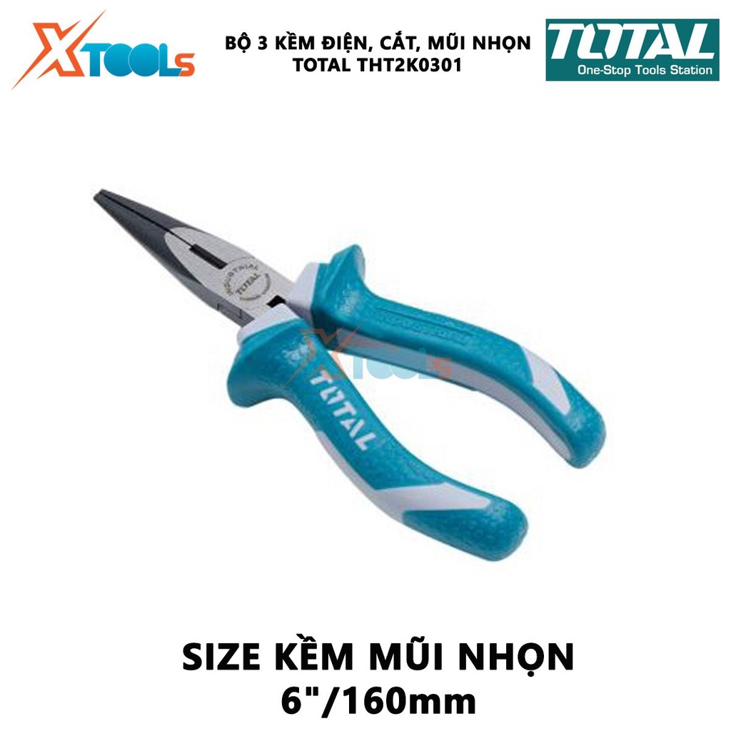 Bộ 3 kềm răng cắt và nhọn TOTAL THT2K0301 |  Bộ kìm điện, kìm cắt và kìm nhọn 3 chi tiết Chất liệu: thép CR-V, dùng cho