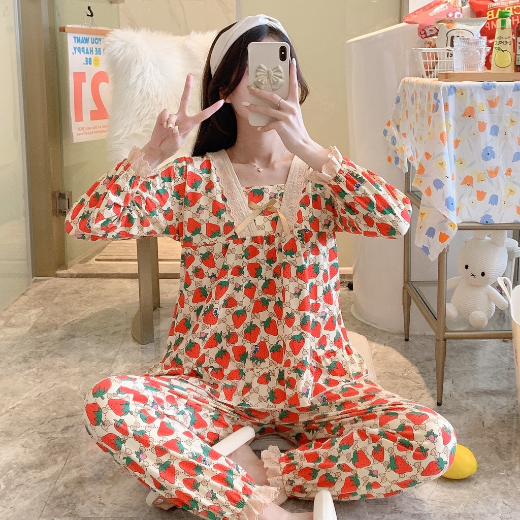 Bộ ngủ dài tay pijama nữ chất cotton cao cấp dễ thương DT88