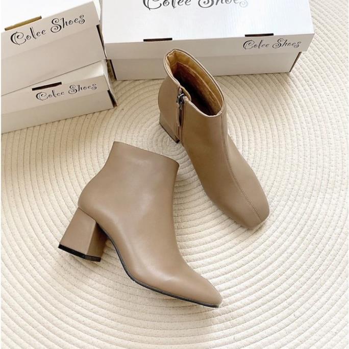 Giày boots nữ cao gót mũi vuông cổ ngắn thời trang gót vuông 5cm HK