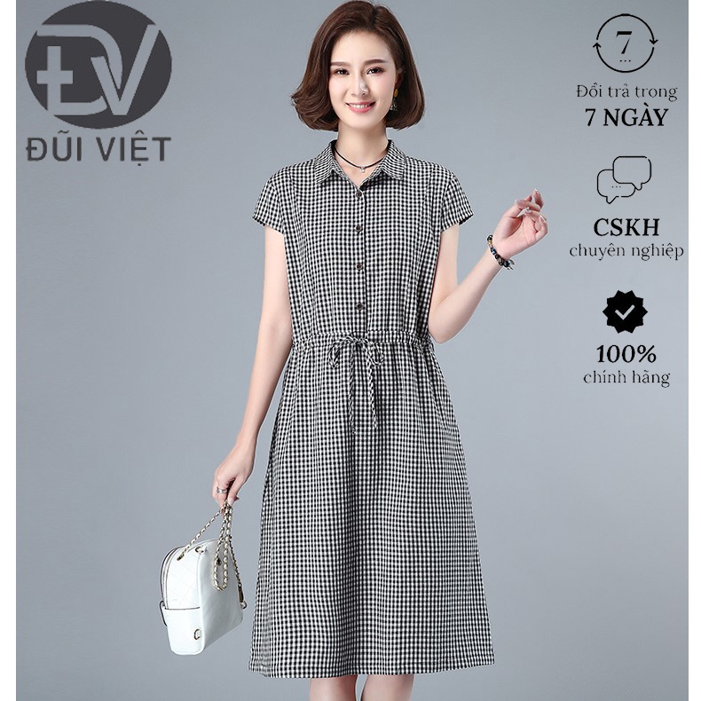 Đầm suông nữ chất đũi mềm mát, họa tiết caro xinh, đầm suông phong cách công sở ĐŨI VIỆT Dv73