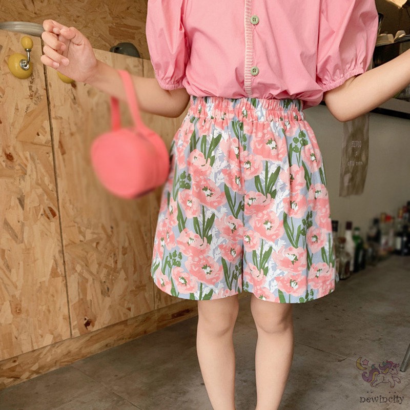 Bộ Áo Tay Phồng + Quần Short In Hoa Thời Trang Mùa Hè Hàn Quốc Cho Bé Gái