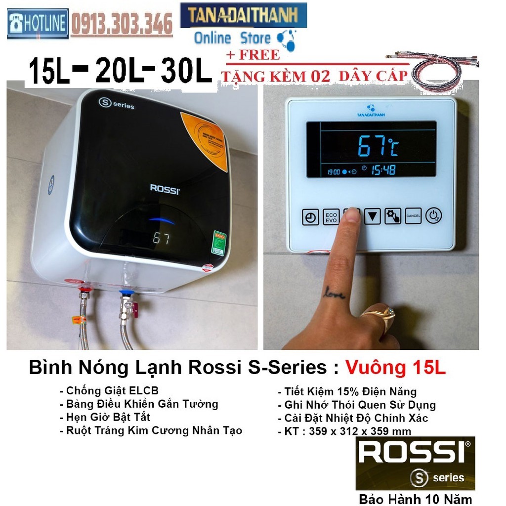 Bình nóng lạnh gián tiếp Rossi S-Series 15-20-30 LÍT Vuông, bảo hành 10 năm toàn quốc, tân á đại thành online