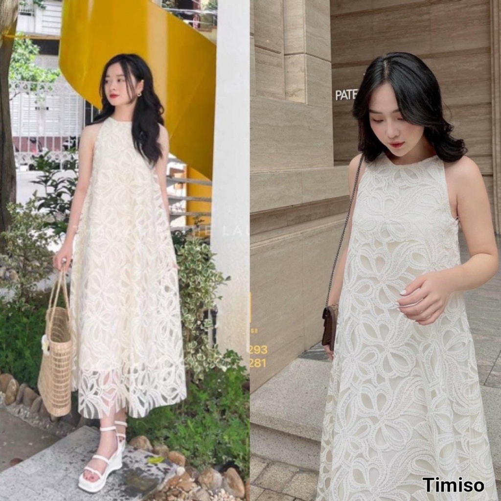 Váy Nữ dáng suông chất liệu REN cao cấp thiết kế Cổ Yếm mặc đi tiệc đi chơi đi biển cực kỳ sang chảnh VN2203