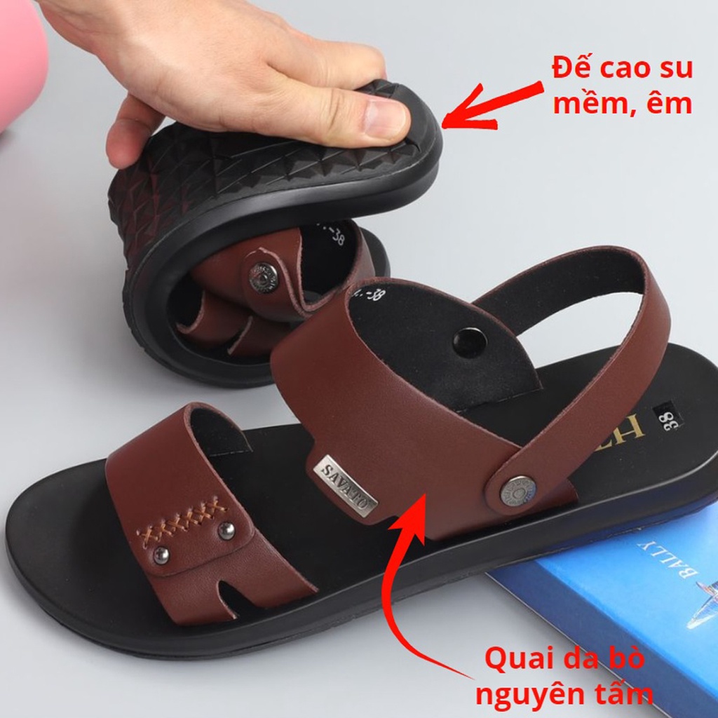 Sandal nam da bò màu nâu, đế cao su - HT.NeO
