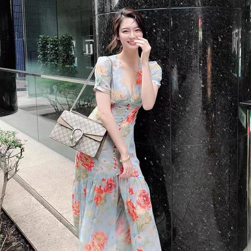 Đầm maxi hoa cổ V đuôi cá