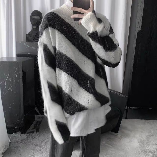 [SẴN] Áo len lông sọc đen trắng chéo cổ tròn OFF-WHITE style Ulzzang Hàn quốc siêu chất