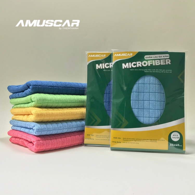 Khăn lau xe đa năng Microfiber chuyên dụng lau kính và nội thất xe ô tô AmusCar KT 35x40cm, sạch bóng không bụi vải